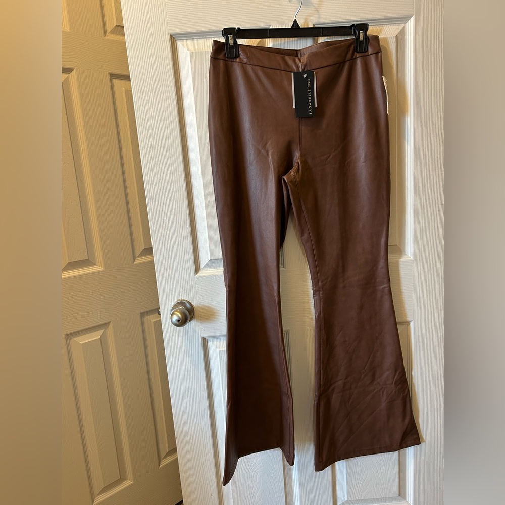 Bagatelle NYC Size Large Brown Walnut Faux Leather Flare Pants NWT